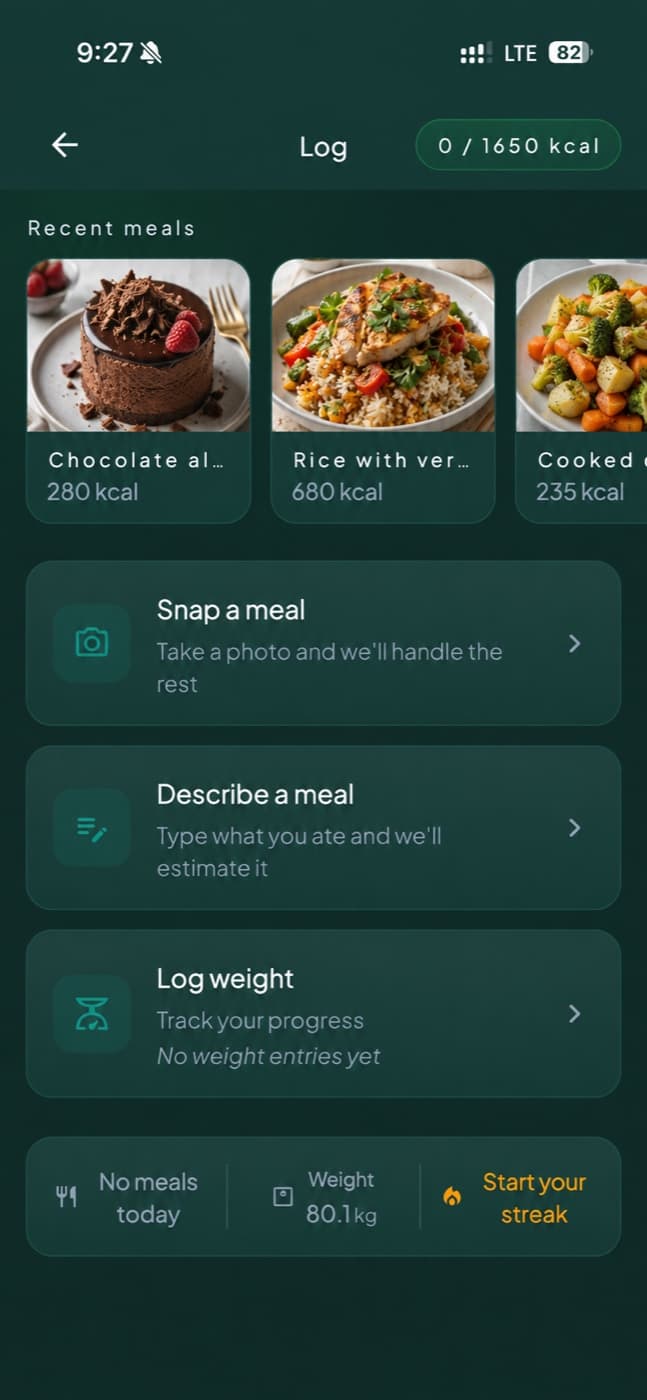 Lemonmint log screen: recent meals, and buttons to snap a photo, describe a meal, or log weight