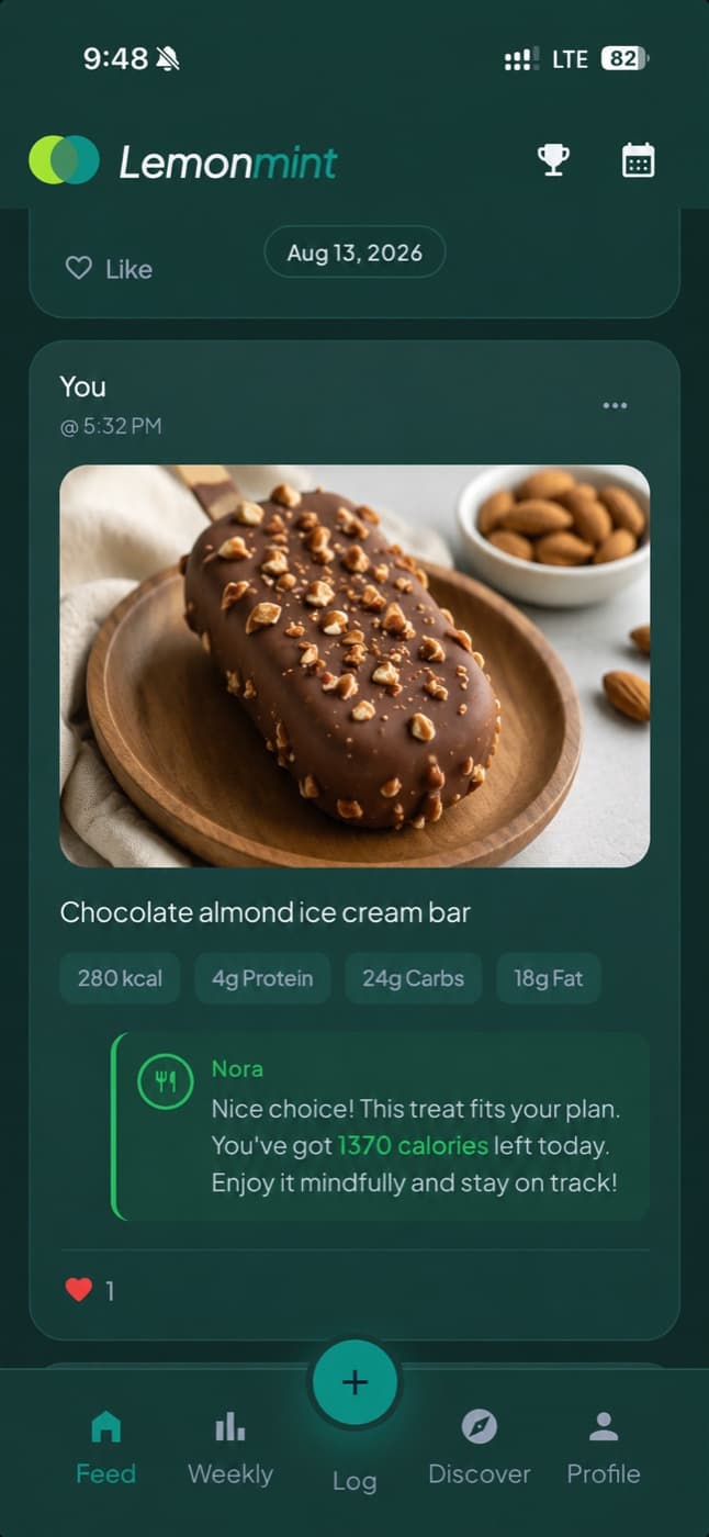 Lemonmint feed screen: a logged meal with its calorie and macro breakdown and a comment from Nora