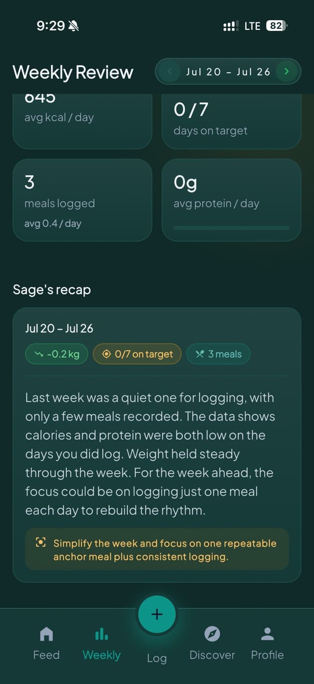 Lemonmint weekly review screen: the week's stats and Sage's written recap